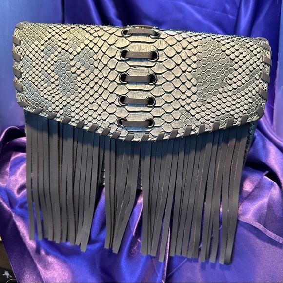 Gray Snake Print Fringe Clutch Crossbody | Animal Print Tassel Bag - Picture 2 of 9